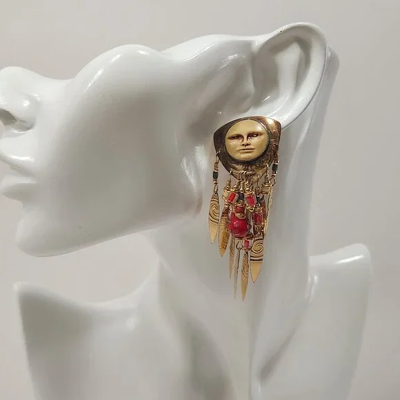 Vintage Rare Tabra "Celestial Moon Face" Dangle Gold Tone Earrings Glass Beads - Picture 2 of 7